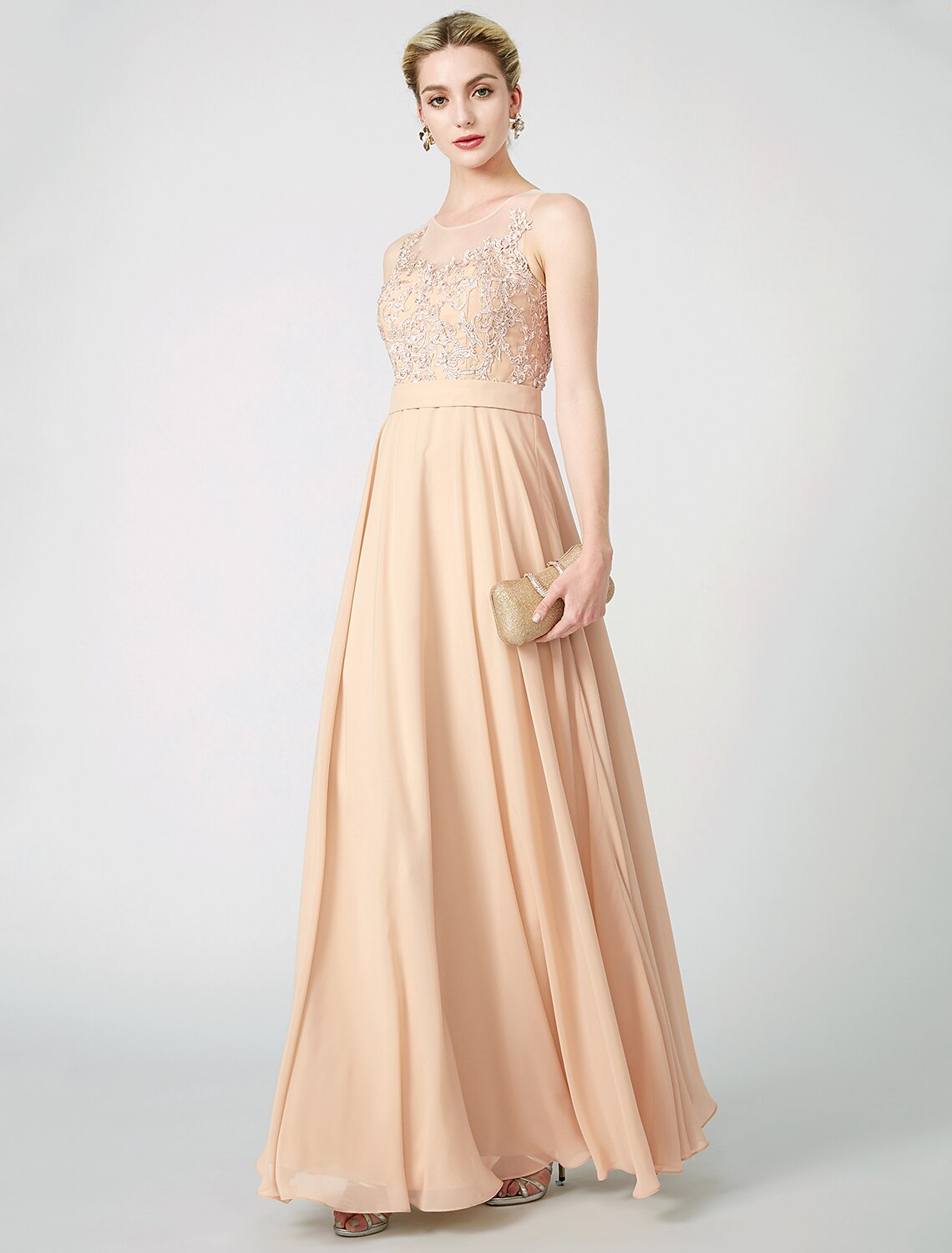 Abito da ballo classico e senza tempo a trapezio, con scollo a V, in chiffon, senza maniche, lungo fino al pavimento, in pizzo e perline, con applicazioni a pieghe, in colori pastello
